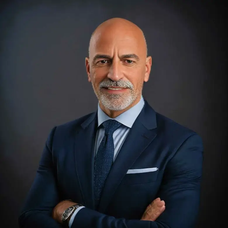 Ekrem Rexhepagaj 2 Confident gray-bearded agent in navy suit stands poised—expert in Ulcinj, Montenegro real estate for montenegro-listings.me by Ekosphere.