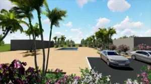 Modern Ulcinj property: car on paved road, lush palms, manicured shrubs, spacious deck & pool. Invest via montenegro-listings.me by ekosphere doo.