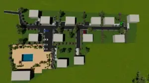 Premium aerial view of Ulcinj real estate—modern buildings, lush landscaping, pool with palms. Invest via ekosphere doo at montenegro-listings.me.