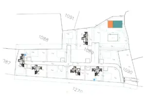 Prime Ulcinj real estate site plan: marked lots (1087–1091, 1270), boundaries, structures; exclusive via montenegro-listings.me by Ekosphere.
