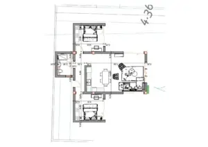 Premium Ulcinj property floor plan: 2 bedrooms, open living-dining-kitchen, full bath. Investment-ready from montenegro-listings.me.
