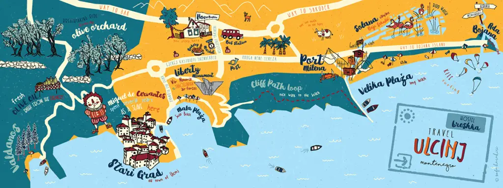 Real Estate in Ulcinj 2 Premium illustrated map of Ulcinj, Montenegro with prime real estate, beaches, landmarks—invest via montenegro-listings.me by Ekosphere.
