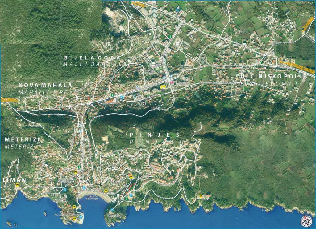 Stunning aerial of Ulcinj, Montenegro—prime neighborhoods Liman & Nova Mahala visible. Invest via montenegro-listings.me by Ekosphere doo.