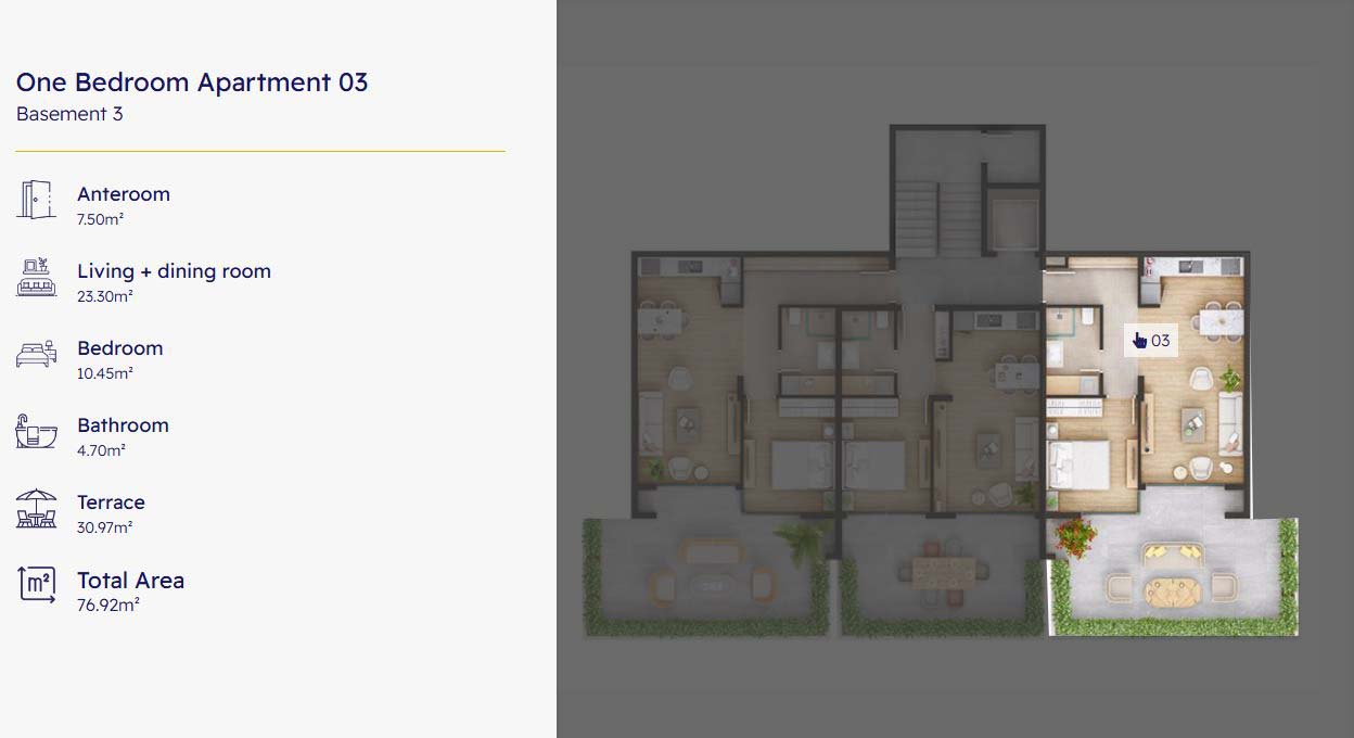 One-bedroom apartment 03, Basement 3, Ekosphere Ulcinj: modern plan with terrace, 76.92m&sup2;. Exclusive at montenegro-listings.me.