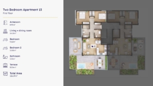 Spacious 2-bedroom Ulcinj apartment—floor plan shows anteroom, living/dining, terrace; 116.19 m². Invest at montenegro-listings.me by ekosphere doo.