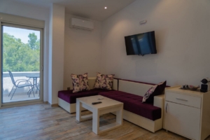 Experience luxury living in Ulcinj Montenegro—modern lounge, elegant maroon sofa, patio access. Exclusive via montenegro-listings.me by ekosphere doo.