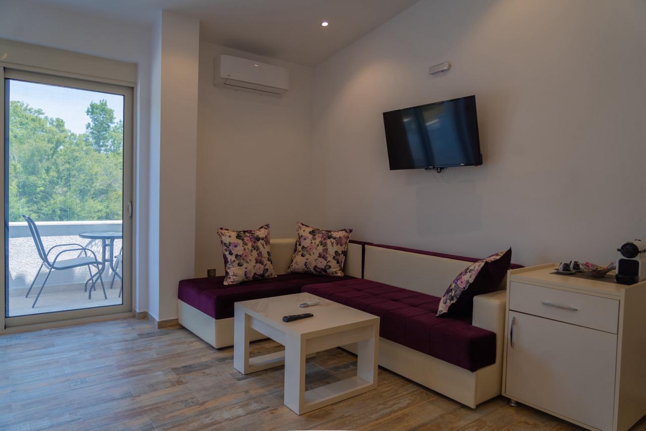 Experience luxury living in Ulcinj Montenegro&mdash;modern lounge, elegant maroon sofa, patio access. Exclusive via montenegro-listings.me by ekosphere doo.
