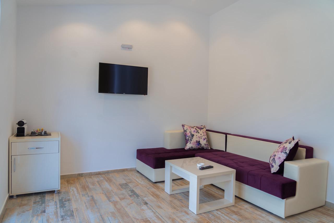 Contemporary Ulcinj Montenegro apartment: stylish sectional sofa, floral accents, sleek TV, wood floors&mdash;exclusive at montenegro-listings.me by ekosphere doo.