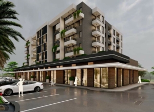 Modern five-story Ulcinj apartment building by Ekosphere with balconies, retail space, and parking—exclusive on montenegro-listings.me.