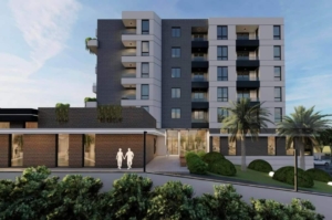 Premium modern multi-story apartment in Ulcinj, Montenegro—spacious balconies, large windows, landscaped entrance; exclusive on montenegro-listings.me by ekosphere doo.