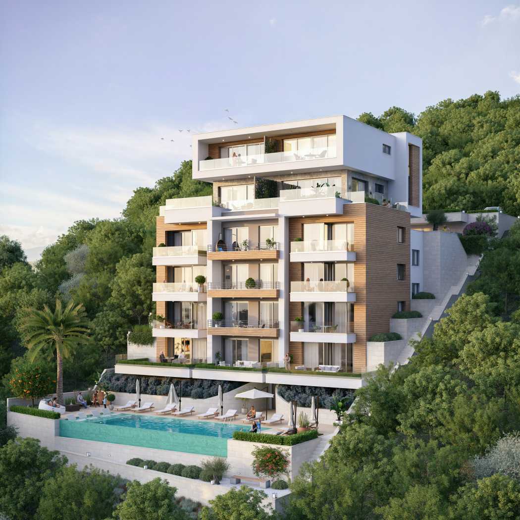Modern hillside apartments with balconies, pool, and lush views—exclusive Ulcinj real estate by montenegro-listings.me & Ekosphere DOO.