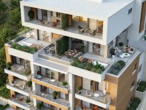 Stylish multi-story Ulcinj apartment by Ekosphere DOO with glass balconies, lush greenery, and outdoor seating. montenegro-listings.me.