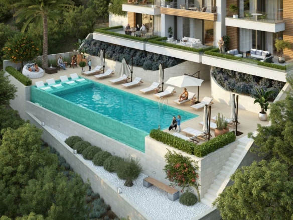 Luxurious Ekosphere apartment complex with infinity pool, lush lounges, and premium views—top Ulcinj property by Montenegro-Listings.me.