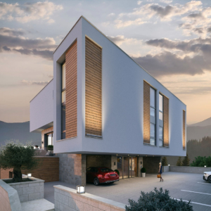 Stunning modern home in Ulcinj, Montenegro—large windows, wood accents, mountain views. Exclusive by montenegro-listings.me/Ekosphere.