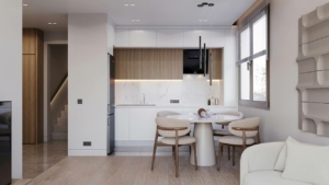 Contemporary Ulcinj apartment: sleek kitchen, dining area, bright interiors—ideal Montenegro investment. Listed by montenegro-listings.me, a project of ekosphere doo.