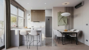 Luxurious Ulcinj kitchen with white island, custom cabinets, and panoramic windows—discover Ekosphere homes on montenegro-listings.me.