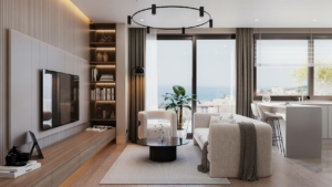 Luxurious Ulcinj property: modern living room, sea views, sleek finishes. Invest in Montenegro real estate with montenegro-listings.me by Ekosphere doo.