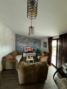 Luxurious Ulcinj Montenegro living room with beige sofas, fireplace, and sunlit glass doors; top investment via montenegro-listings.me.