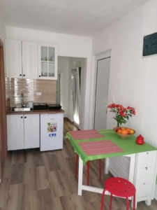 Modern Ulcinj apartment: bright kitchen with sleek white cabinets, quality finishes, and stylish accents—Ekosphere | montenegro-listings.me.