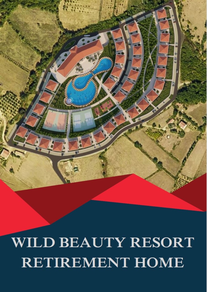 Aerial view of Ulcinjs luxury resort estate with curved residences and central pool. Exclusive at montenegro-listings.me by ekosphere doo.