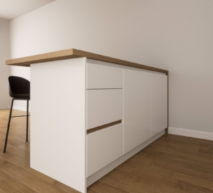 Modern Ulcinj property: Sleek kitchen island with white cabinetry, wood top, and luxe flooring—exclusive on montenegro-listings.me by Ekosphere DOO.
