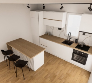 Sleek kitchen with white cabinets, wood counters, and breakfast bar—ideal Ulcinj investment. Buy with Ekosphere at montenegro-listings.me.