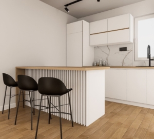 Stunning Ulcinj kitchen: white cabinets, marble backsplash, wooden tops, stylish island. Invest in Montenegro with montenegro-listings.me by Ekosphere doo.
