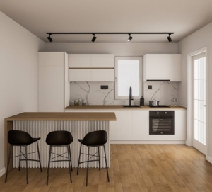Stunning Ulcinj kitchen: white cabinets, marble details, built-in oven, island—prime Montenegro property by ekosphere doo.