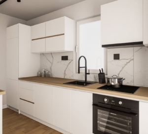 Modern kitchen with sunlit marble, wood tops, premium fittings—ideal Ulcinj real estate. Montenegro-listings.me by ekosphere doo.