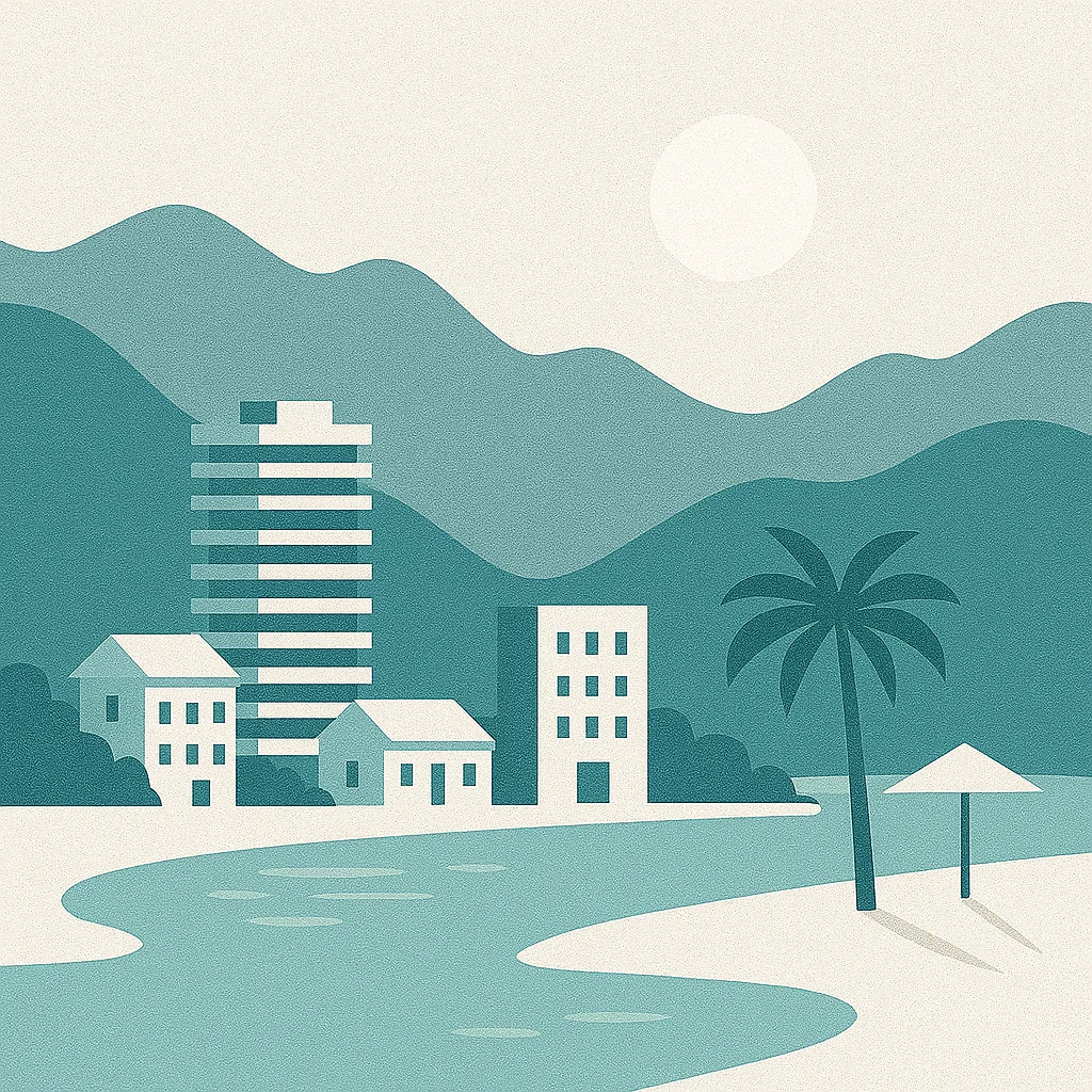 Montenegro 7 Modern illustration of Ulcinj Montenegro real estate: stylish homes, palm, scenic views—exclusive on montenegro-listings.me by Ekosphere.