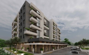 Modern Ulcinj apartment building with balconies, commercial spaces, parking; prime Montenegro real estate at montenegro-listings.me by ekosphere doo.