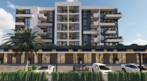 Commercial Shop for Sale in an Exclusive modern apartment building with balconies, shops, parking, and palm tree—prime Ulcinj real estate at montenegro-listings.me by ekosphere doo.