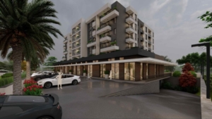 Commercial Shop for Sale - Contemporary Ulcinj apartment building with balconies, shops, lush landscaping—prime Montenegro real estate at montenegro-listings.me by ekosphere doo.