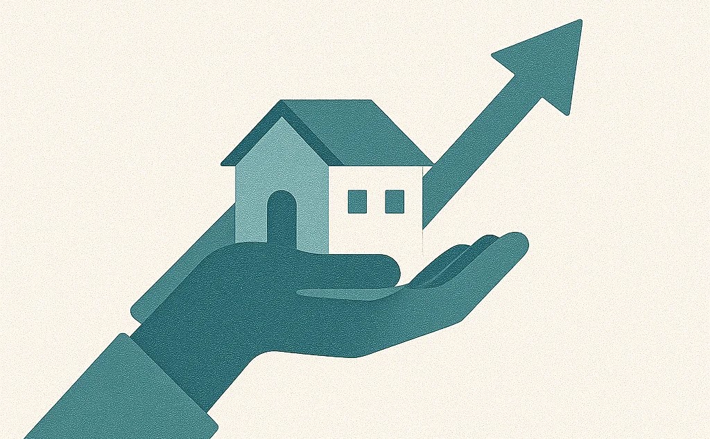 Montenegro 9 An illustrated hand lifts a house with an upward arrow, highlighting rising Ulcinj real estate values; montenegro-listings.me by Ekosphere.