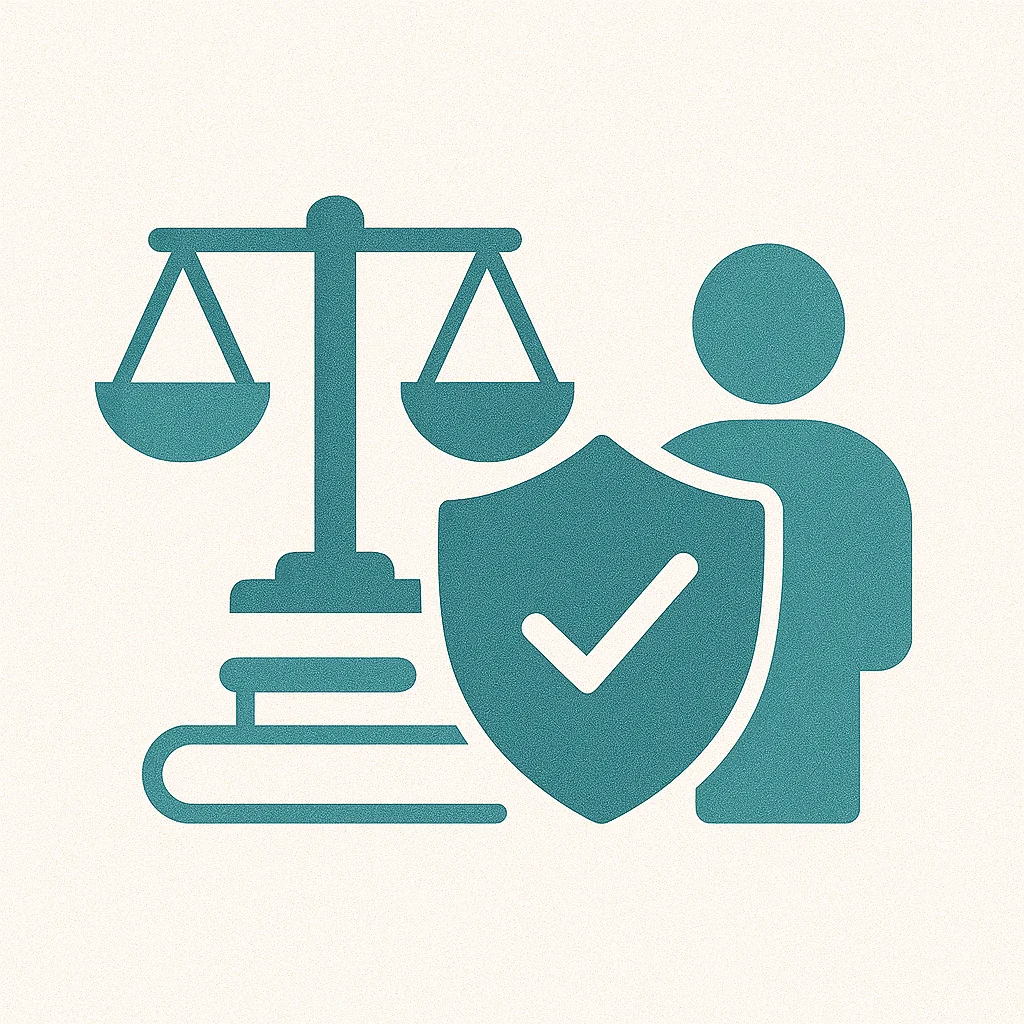 Montenegro 5 Ulcinj property investment secured: person, scale of justice, books, shield—trust Ekosphere’s legal protection via montenegro-listings.me.