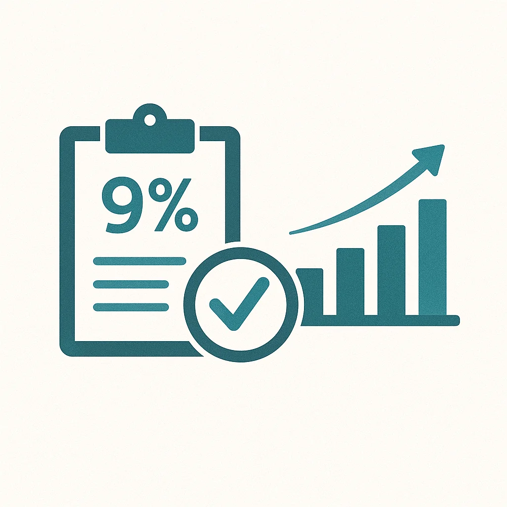 Montenegro 2 Blue icon: clipboard with 9%, a checkmark, and rising bar chart, highlighting Ulcinj Montenegro property growth—Ekosphere, montenegro-listings.me.