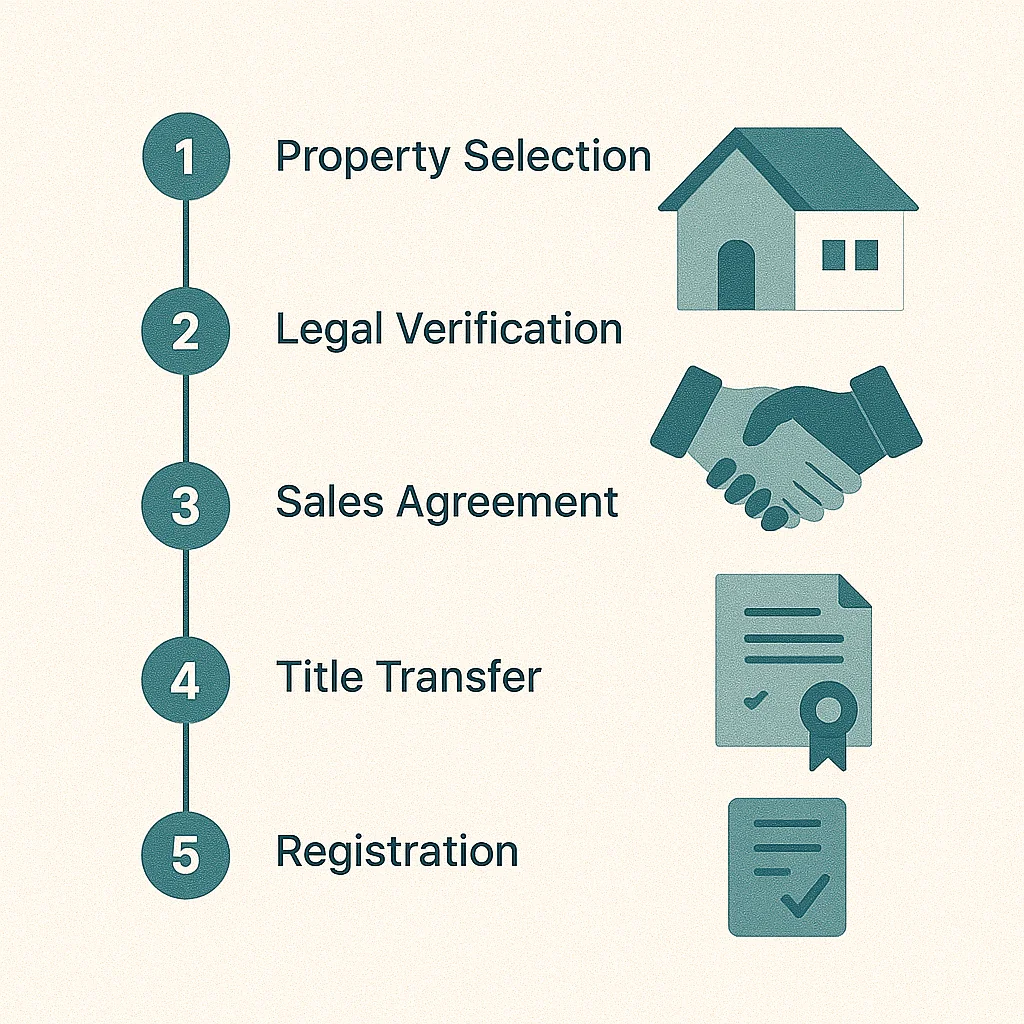 Montenegro 10 Five-step Ulcinj property buying guide: Selection, Legal Check, Agreement, Title Transfer, Registration—icons by montenegro-listings.me.