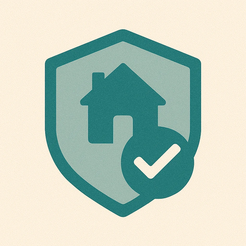 Montenegro 14 Teal shield with a house and checkmark, symbolizing verified Ulcinj Montenegro real estate by ekosphere doo at montenegro-listings.me.