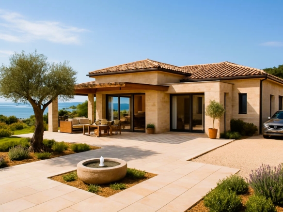 Modern single-story house in Ulcinj, Montenegro: tile roof, large windows, patio, sea views—exclusive on montenegro-listings.me by Ekosphere.