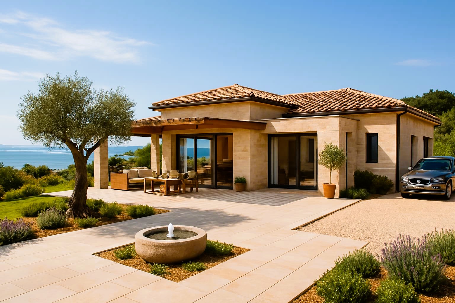 Modern single-story house in Ulcinj, Montenegro: tile roof, large windows, patio, sea views—exclusive on montenegro-listings.me by Ekosphere.
