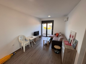 Modern Ulcinj, Montenegro living room with brown sofa, wooden coffee table, balcony views. Invest via montenegro-listings.me by ekosphere doo.