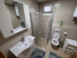 Modern compact bathroom in Ulcinj property with sleek fixtures, glass shower, and Ekosphere accents—exclusive at montenegro-listings.me.