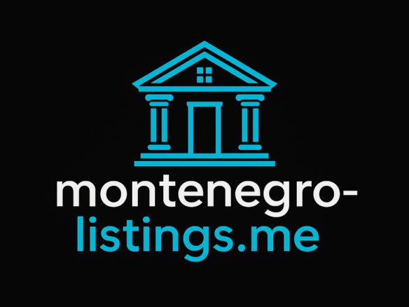 Striking logo with blue outlined classical building and montenegro-listings.me text highlights Ulcinj property market by ekosphere doo.