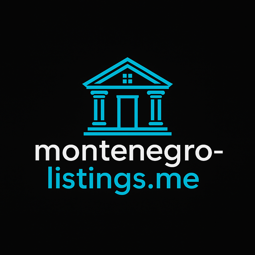 Striking logo with blue outlined classical building and montenegro-listings.me text highlights Ulcinj property market by ekosphere doo.