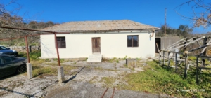 Charming single-story house with cream walls, two windows, central wooden door—ideal Ulcinj real estate investment. Montenegro-listings.me by ekosphere doo.