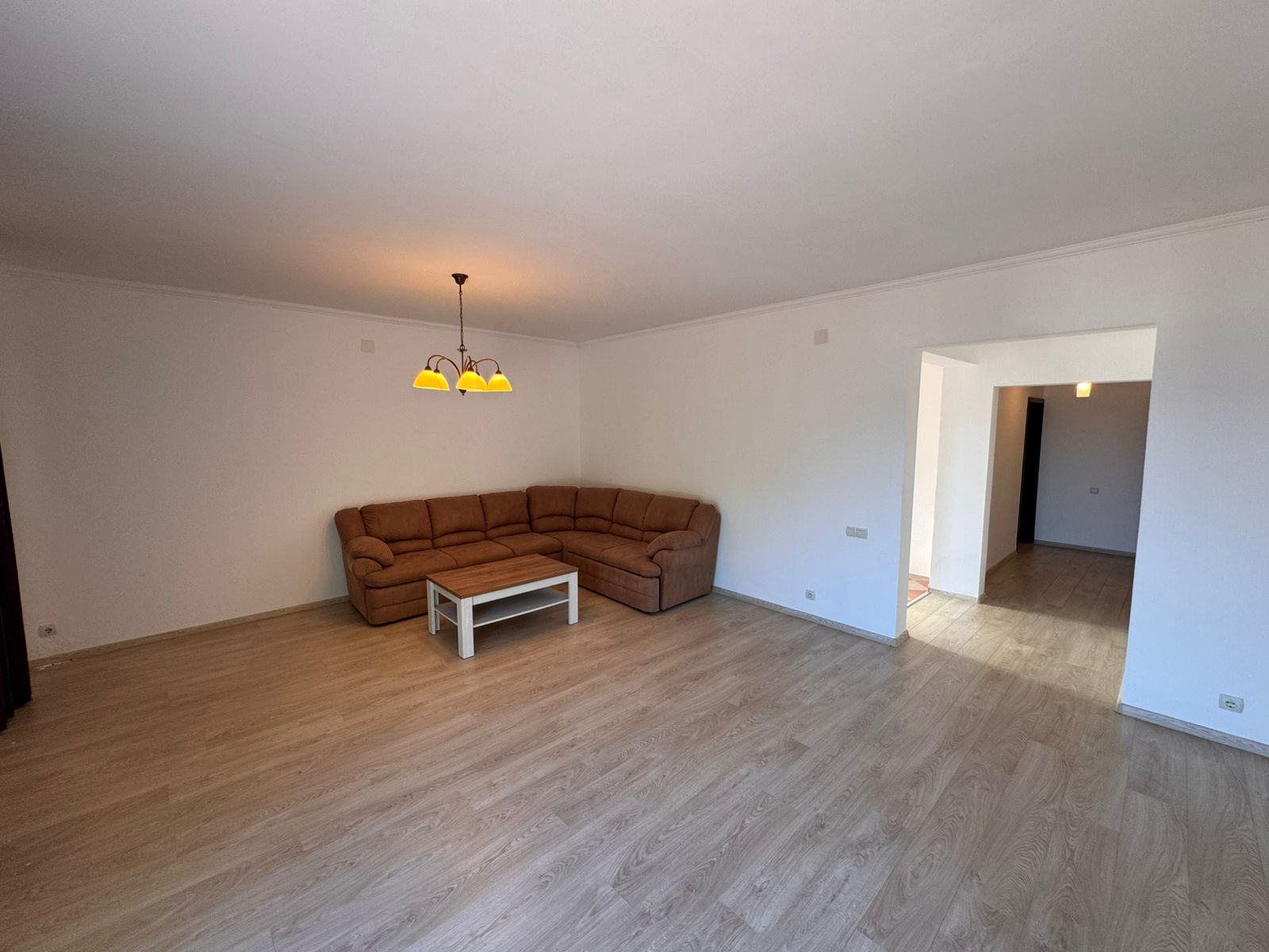 Modern, spacious living room in Ulcinj with light wood floors, stylish furnishings&mdash;ideal Montenegro investment from Ekosphere & montenegro-listings.me.