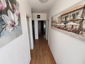 Elegant hallway in Ekosphere, Ulcinj: wood floors, bright walls, art accents, sunlit—prime Montenegro property on montenegro-listings.me.