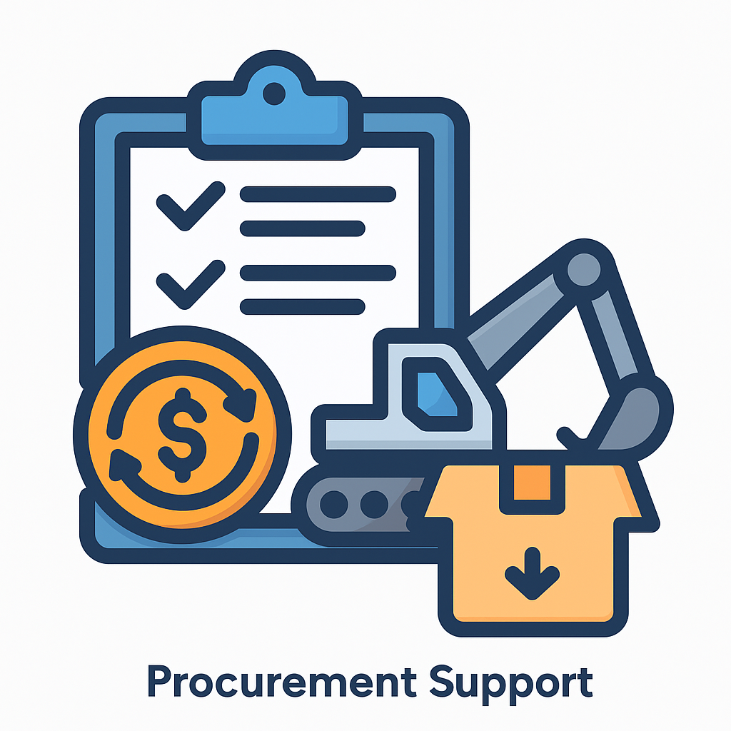 Construction supervision in Montenegro 10 Procurement Support icon for Ulcinj real estate: checklist, dollar coin, excavator—invest smart with montenegro-listings.me by ekosphere doo.