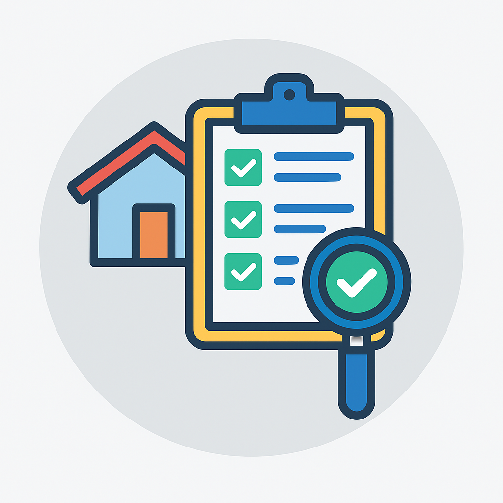 Construction supervision in Montenegro 11 SEO-friendly illustration shows a house, checklist clipboard, and magnifier—symbolizing expert Ulcinj home inspections by montenegro-listings.me, an Ekosphere doo project.
