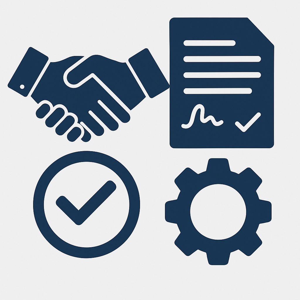 Construction supervision in Montenegro 13 Four blue icons—handshake, contract, checkmark, gear—in a grid reflect Ekosphere’s secure Ulcinj property process on montenegro-listings.me.